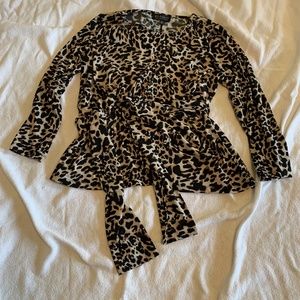 Eloquii tie-waist long sleeve leopard top